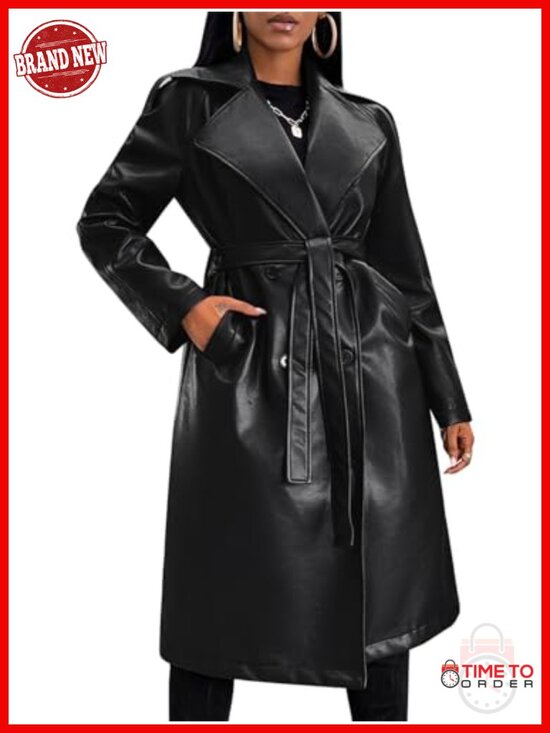 Jackets & Blazers - Faux Leather Trench Coat Long Button Open Front Belted Jacket with Pockets